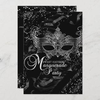 Silver Black Diamond Mask Masquerade Sweet 16 Invitation