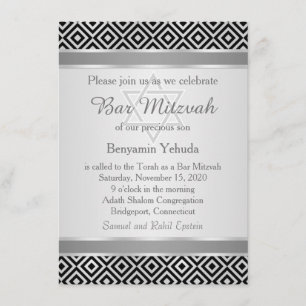 Silver black diamond pattern Bar Mitzvah Invite