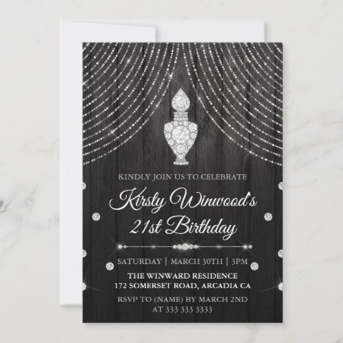 Silver Black Diamond Perfume Bottle Birthday Invitation