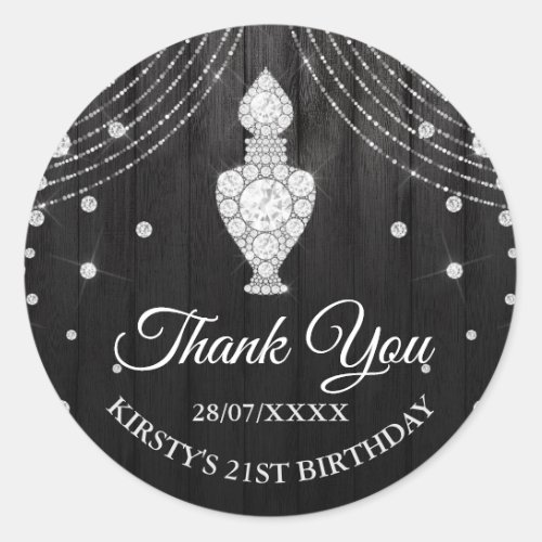 Silver Black Diamond Perfume Bottle Birthday Party Classic Round Sticker