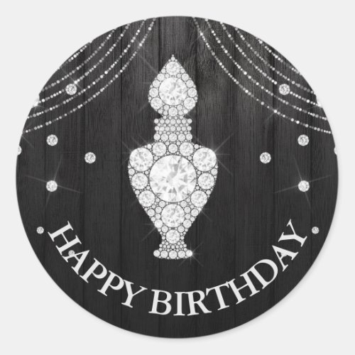 Silver Black Diamond Perfume Bottle Happy Birthday Classic Round Sticker