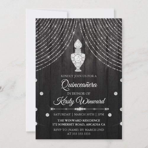 Silver Black Diamond Perfume Bottle Quinceanera Invitation