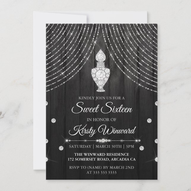 Silver Black Diamond Perfume Bottle Sweet 16 Invitation (Front)