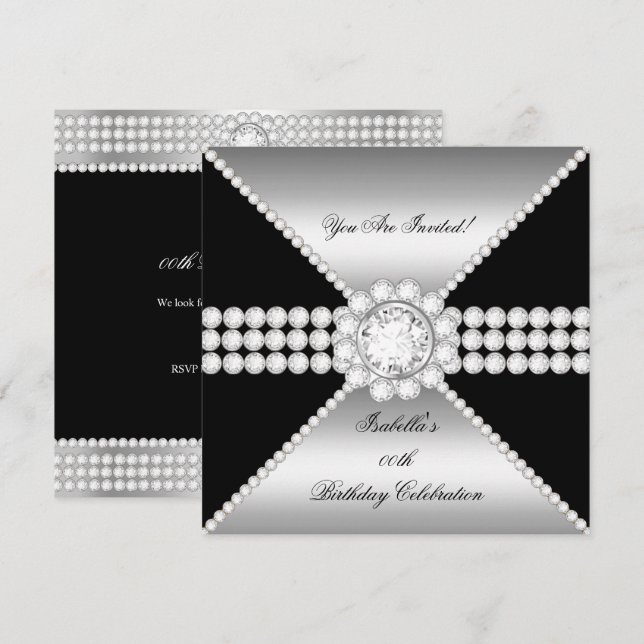 Silver Black Diamond Sophisticated Birthday Party Invitation (Front/Back)