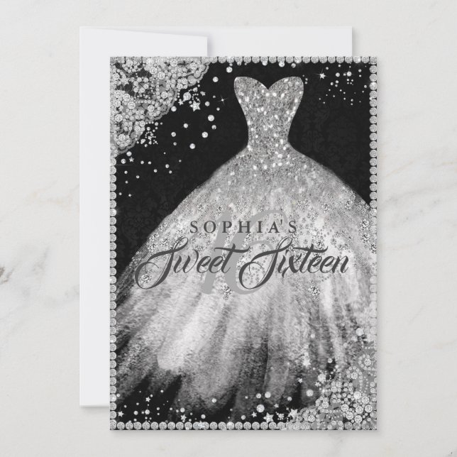 Silver Black Diamond Sparkle Gown Sweet Sixteen Invitation (Front)