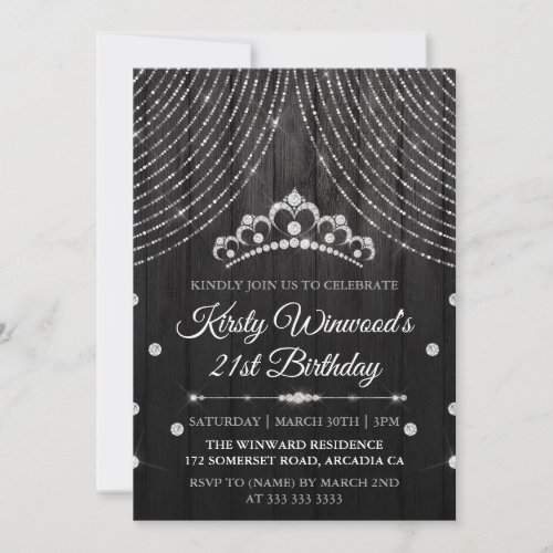 Silver Black Diamond Tiara Birthday Invitation