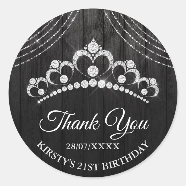 Silver Black Diamond Tiara Birthday Party Classic Round Sticker (Front)