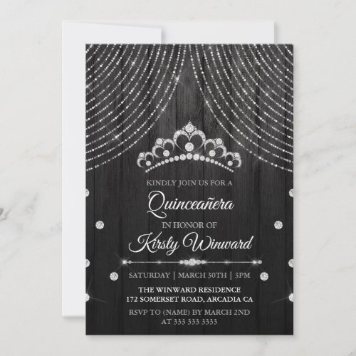 Silver Black Diamond Tiara Quinceanera Invitation