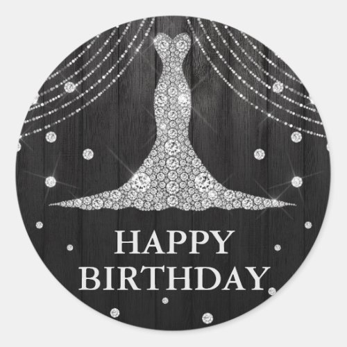 Silver Black Dress Bottle Happy Birthday Classic Round Sticker