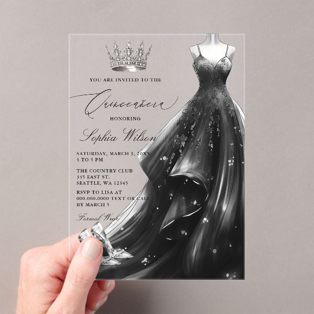 Silver Black Dress Princess Quinceañera  Acrylic Invitations (Insitu (Handheld))