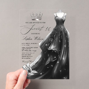 Silver Black Dress Princess Sweet 16 Acrylic Invitations