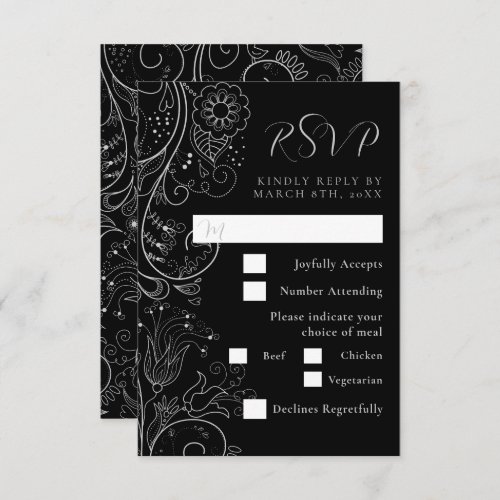 Silver Black Elegant Floral Wedding Meal Choice RSVP Card