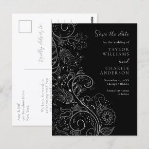 Silver Black Elegant Floral Wedding Save The Date Postcard