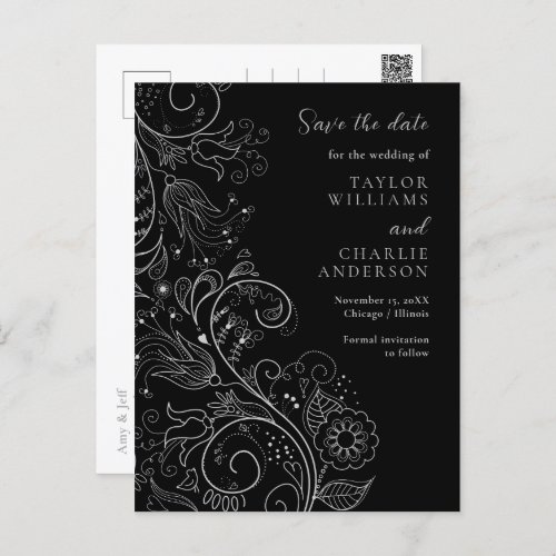 Silver Black Elegant Floral Wedding Save The Date Postcard