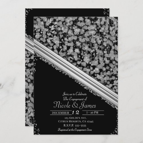 Silver  Black Elegant Glam Engagement Party Invitation