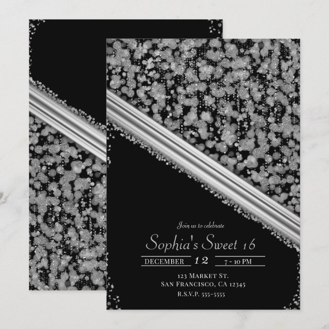 Silver & Black Elegant Glam Sweet 16 Party Invitation (Front/Back)