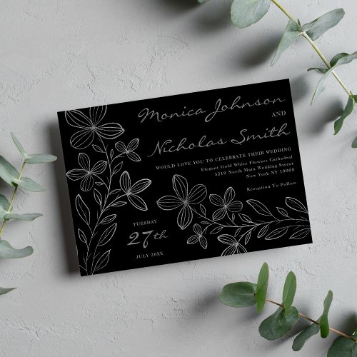 Silver black elegant hand drawn floral wedding invitation