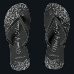 Silver & Black Elegant Maid of Honor Wedding Flip Flops<br><div class="desc">These beautiful wedding flip flops are a great way to thank and recognize your Maid of Honor while saving her feet at the same time. Features an elegant design with ornate silver gray curls and swirls on a black background and fancy script lettering. The test reads Maid of Honor with...</div>