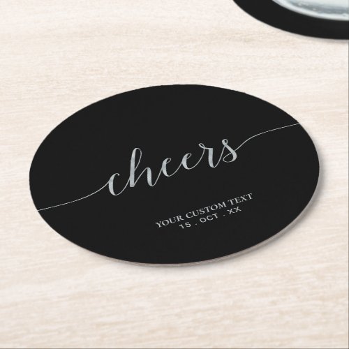 Silver  Black Elegant Script Cheers Custom Party Round Paper Coaster