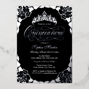Silver Black Elegant Script Rose Quinceanera  Foil Invitation
