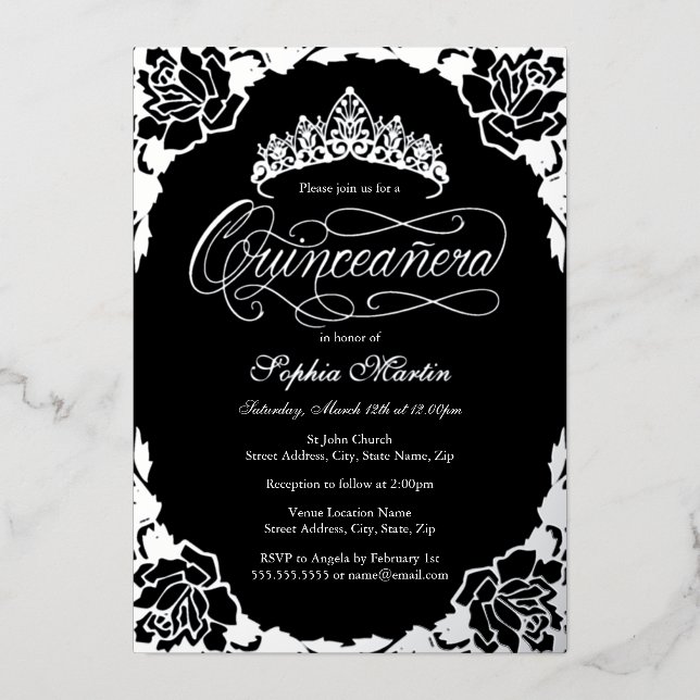 Silver Black Elegant Script Rose Quinceanera  Foil Invitation (Front)