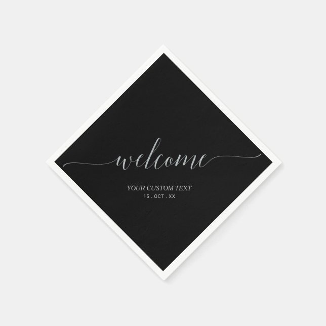 Silver & Black Elegant Script Welcome Party Napkins (Corner)