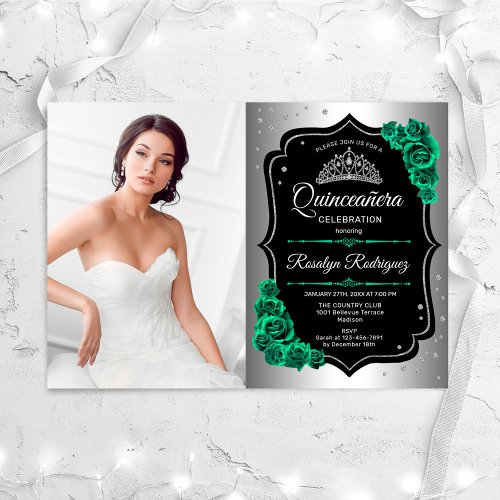 Silver Black Emerald Green Photo Quinceanera Invitation