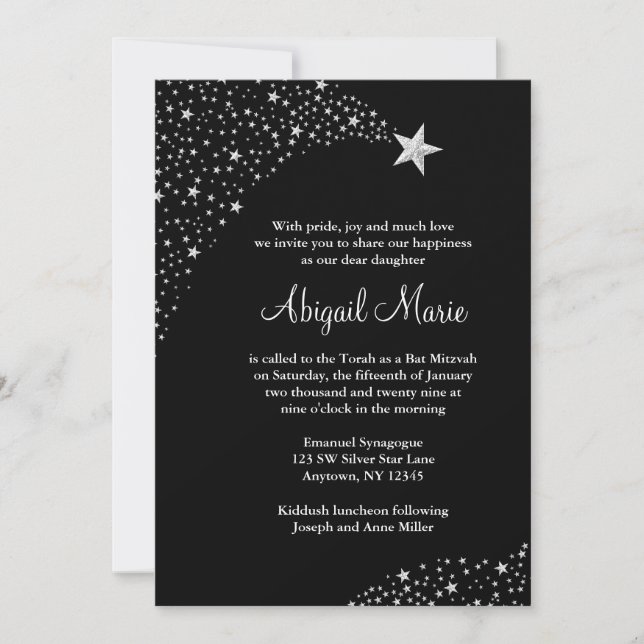 Silver Black Falling Stars Bat Mitzvah Invitation (Front)