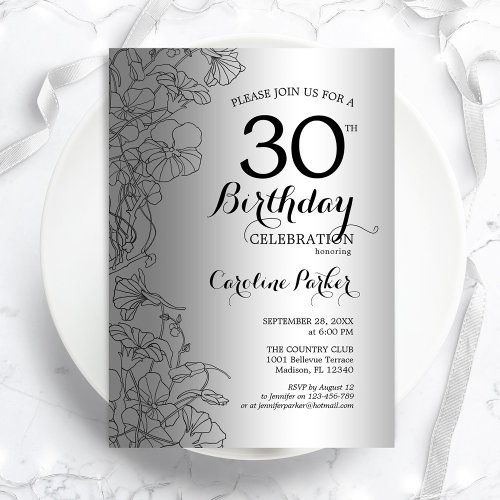 Silver Black Floral 30th Birthday Party Invitation