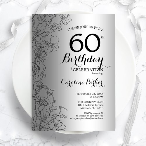 Silver Black Floral 60th Birthday Party Invitation