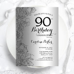 Silver Black Floral 90th Birthday Party Invitation<br><div class="desc">Silver Black Floral 90th Birthday Party Invitation. Minimalist modern design featuring botanical outline drawings accents and typography script font. Simple trendy invite card perfect for a stylish female bday celebration. Can be customized to any age. Printed Zazzle invitations or instant download digital printable template.</div>