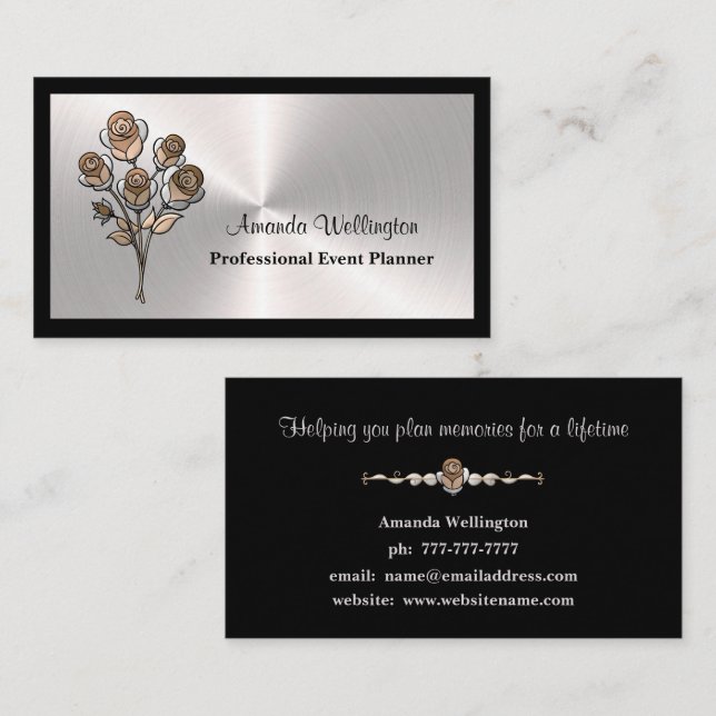 Silver & Black Floral Event Planner Business Card (Front/Back)