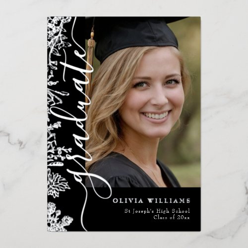 Silver Black Floral Graduate Photo Graduation Foil Invitation