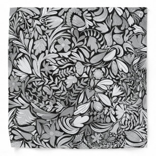 Silver Black Floral Leaves Illustration Pattern Bandana