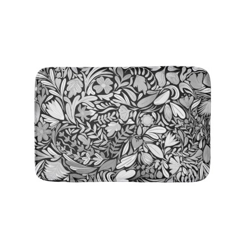 Silver Black Floral Leaves Illustration Pattern Bath Mat