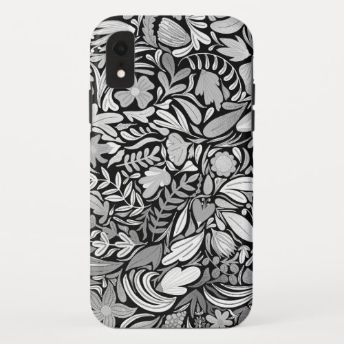 Silver Black Floral Leaves Illustration Pattern iPhone XR Case