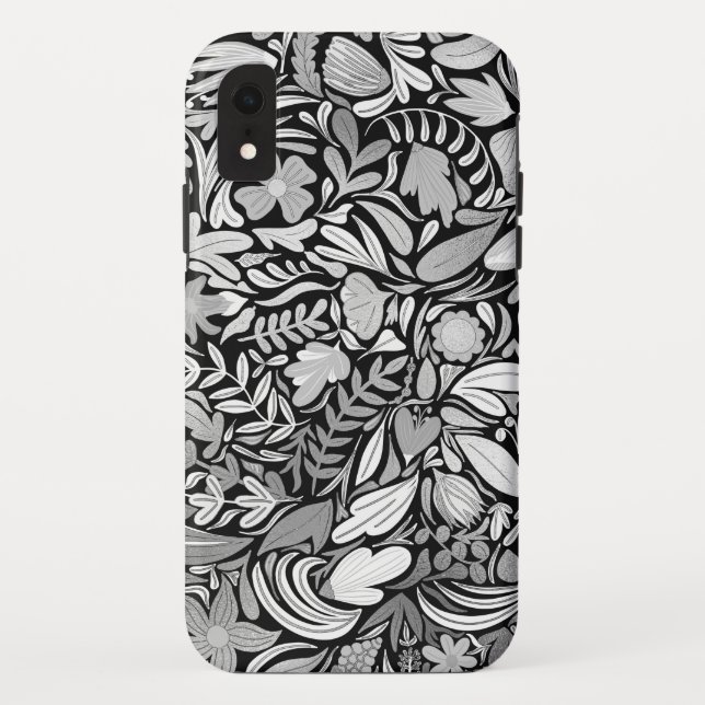 Silver Black Floral Leaves Illustration Pattern Case-Mate iPhone Case (Back)