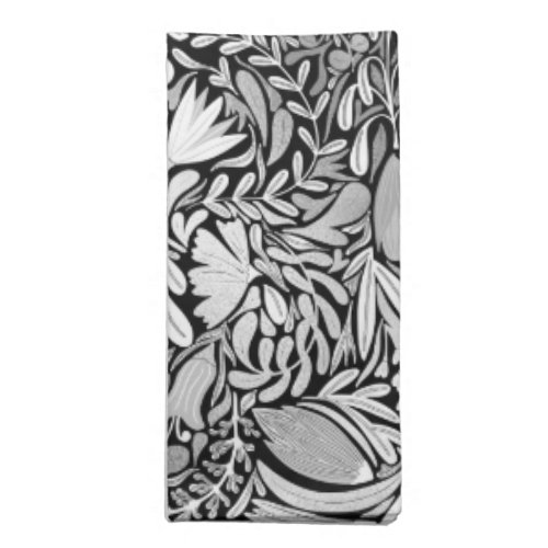 Silver Black Floral Leaves Illustration Pattern Cloth Napkin
