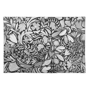 Silver Black Floral Leaves Illustration Pattern Cloth Placemat