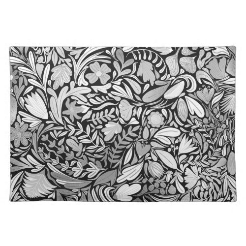 Silver Black Floral Leaves Illustration Pattern Cloth Placemat