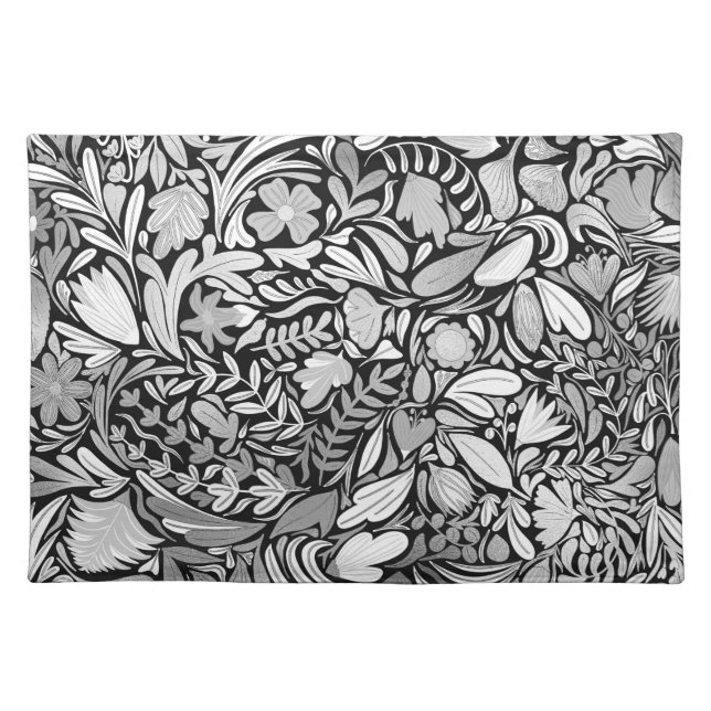 Silver Black Floral Leaves Illustration Pattern Cloth Placemat (Front)