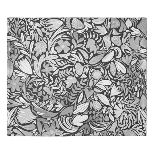 Silver Black Floral Leaves Illustration Pattern Duvet Cover