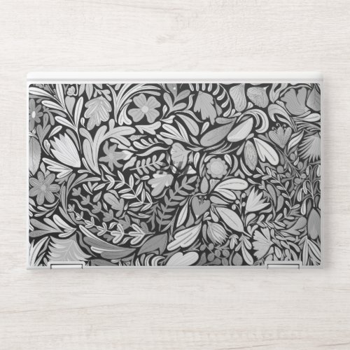 Silver Black Floral Leaves Illustration Pattern HP Laptop Skin