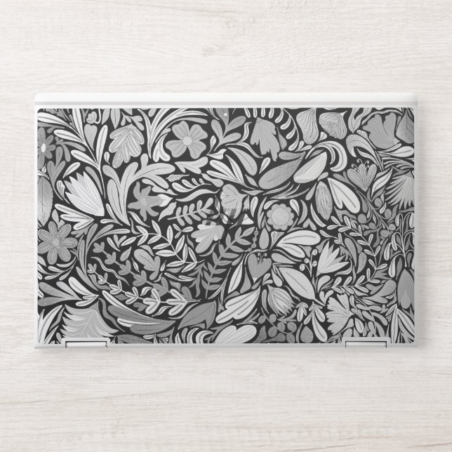 Silver Black Floral Leaves Illustration Pattern HP Laptop Skin (Front)