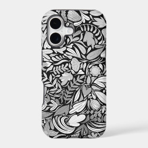 Silver Black Floral Leaves Illustration Pattern iPhone 17 Case