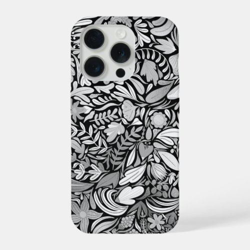 Silver Black Floral Leaves Illustration Pattern iPhone 15 Pro Case