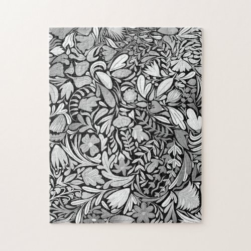 Silver Black Floral Leaves Illustration Pattern Jigsaw Puzzle