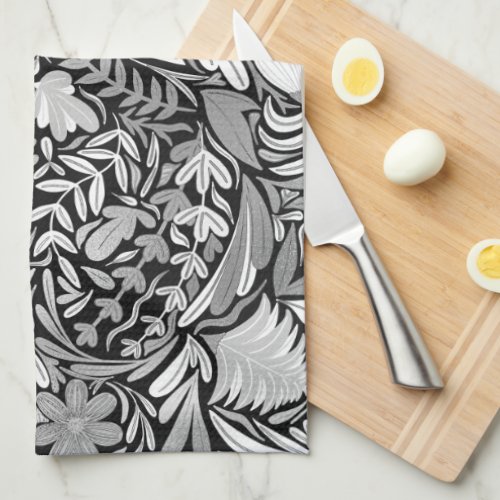Silver Black Floral Leaves Illustration Pattern Kitchen Towel
