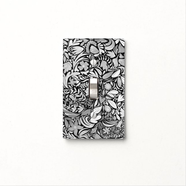 Silver Black Floral Leaves Illustration Pattern Light Switch Cover (In Situ)