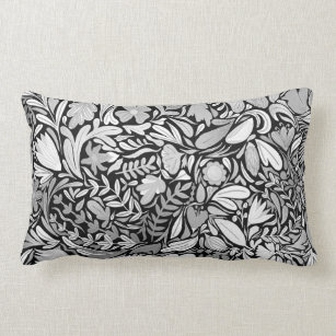 Silver Black Floral Leaves Illustration Pattern Lumbar Pillow